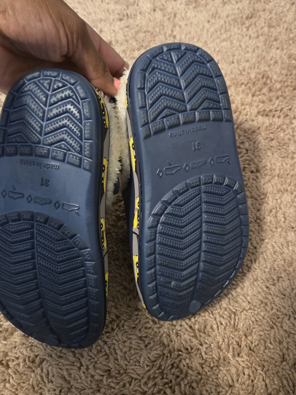 Kids Navy Faux-Fur Lined Clogs with Yellow Truck Accents